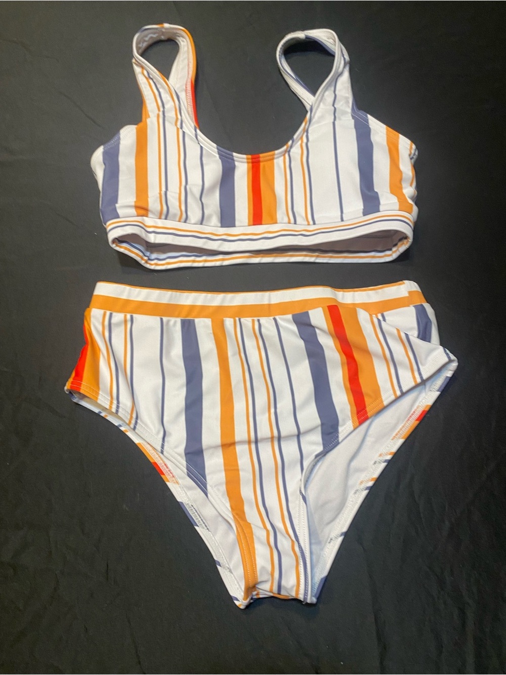 Striped High-Waist Bikini Set - White with Orange, Blue & Red Stripes